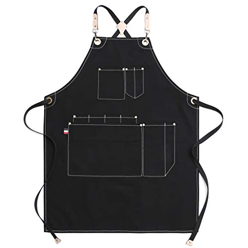 Jeanerlor Work Apron Waxed Canvas Stylist Apron with Pockets Water-Resistant Tool Aprons for Women Cross Back Straps Adjustable S-M（Black） - WoodArtSupply