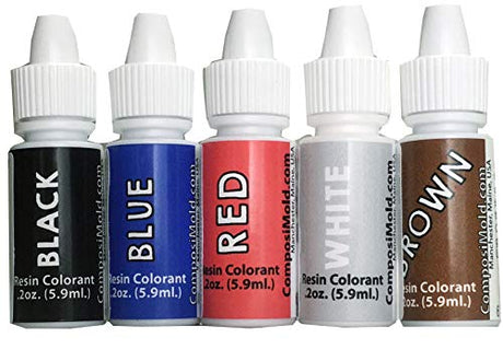 Epoxy Resin Color Pigment (Dye) Popular Colors Kit Black, Blue, Red, White, and Brown Liquid for Improved Mixing, Woodwork, Countertops, Floors, 6cc ComposiMold