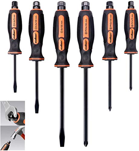 HORUSDY 6-Pieces Magnetic Screwdriver Set, 3 Phillips and 3 Flat Head Tips Screwdriver for Fastening, Chiselling and Loosening Seized Screws (New HORUSDY