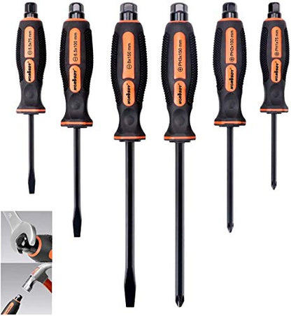 HORUSDY 6-Pieces Magnetic Screwdriver Set, 3 Phillips and 3 Flat Head Tips Screwdriver for Fastening, Chiselling and Loosening Seized Screws (New