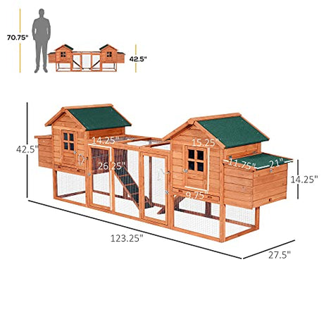 PawHut Dual Wooden Chicken Coop with Garden Bed, Large Outdoor Hen House with Nesting Boxes Removable Trays, Ramps Run, for Garden Backyard, 123" x PawHut