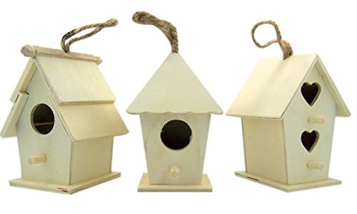 Miniature Natural Unfinished Wood Birdhouse with Jute Cord to Hang, Set of 3 - WoodArtSupply