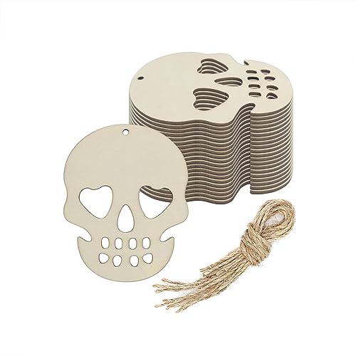 Creaides 20pcs Halloween Skull Wood DIY Crafts Cutouts Wooden Skull Shaped Hanging Ornaments with Hole Hemp Ropes Gift Tags for DIY Projects