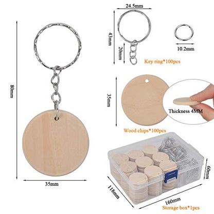 BUYGOO 100Pcs Blank Round-Shaped Wooden Keychain Set, 1.5 inch Unfinished Discs Wooden Circles with 100Pcs Key Rings Personalized Wood Keychain Key
