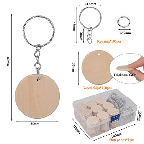 BUYGOO 100Pcs Blank Round-Shaped Wooden Keychain Set, 1.5 inch Unfinished Discs Wooden Circles with 100Pcs Key Rings Personalized Wood Keychain Key BUYGOO