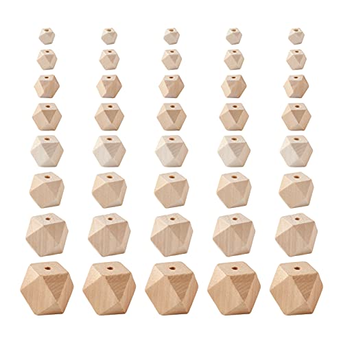 Craftdady 145pcs Unfinished Geometric Wood Spacer Beads Unpainted Natural Wood Faceted Polygon Loose Beads 8 Sizes for Craft Jewelry Making Home Craftdady
