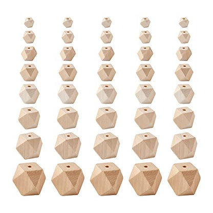 Craftdady 145pcs Unfinished Geometric Wood Spacer Beads Unpainted Natural Wood Faceted Polygon Loose Beads 8 Sizes for Craft Jewelry Making Home