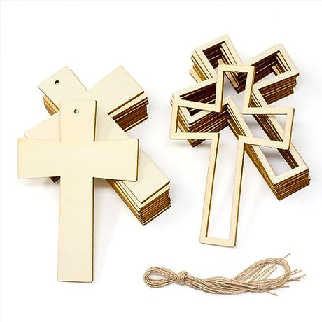 yueton 12PCS Double-Layered Cross Wooden Hanging Ornaments, Unfinished Blank Wood Pieces Wood Slices Wood Chips Embellishments, Wooden Gift Tags - yueton