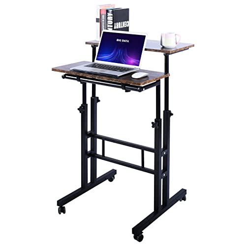 AIZ Double Adjustable Computer Desk Home Office Workstation with Rolling Wheels, Portable Laptop Table for Standing or Sitting, Adults or