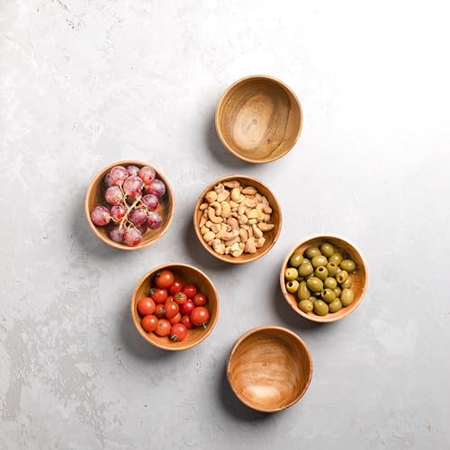 LAVAUX DESIGNS Set of 6 small acacia wood dessert bowls 4.2 * 2 inches | 8 oz capacity | Charcuterie accessories | use for dipping, condiments, nuts, LAVAUX DESIGNS