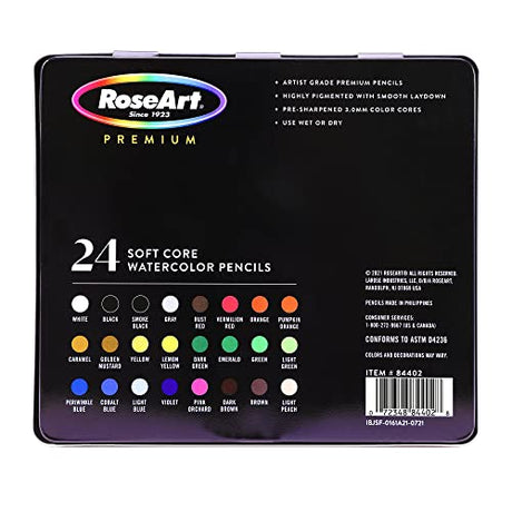 RoseArt Premium 24ct Soft Core Watercolor Pencils – Art Supplies for Drawing, Sketching, Adult Coloring in Design Storage Tin, multi (84402) RoseArt