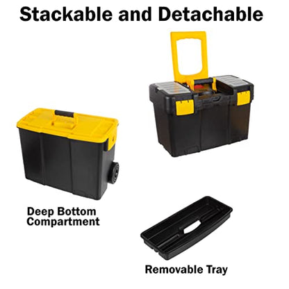 Portable Tool Box with Wheels - Stackable 2-in-1 Tool Chest with Fold-Down Comfort Handles, Tough Latches, and Removable Storage Trays by Stalwart - WoodArtSupply