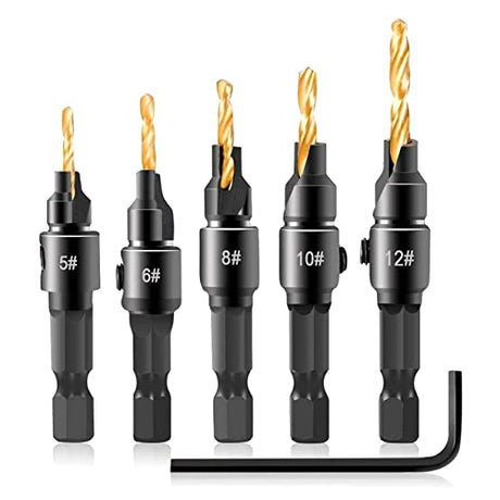 Szliyands 1/4 inch Hex Shank Countersink Drill Bit Power Tools Accessories for Plastic Metal Woodworking Tool by Power Drill 5Pcs/Set （5/6/8/10/12#） - WoodArtSupply