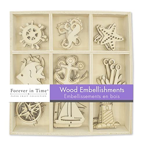 Mini Laser Cuts Wood Shape - Nautical, Anchor, Sailboat, Lighthouse, and More - 45 Pieces - 1'' Across Forever in Time