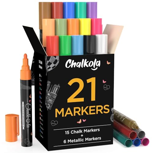 Chalkola Liquid Chalk Markers & Metallic Colors (Pack of 21) - Erasable Chalk Pens for Chalkboard, Blackboard, Window, Bistro, Car Glass, Board - - WoodArtSupply