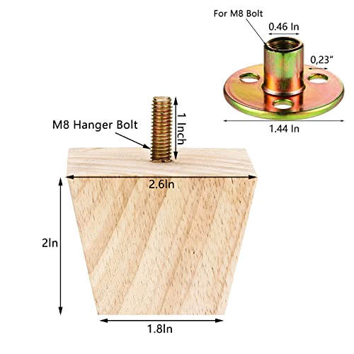 Maricome 2 Inch Unfinished Wood Furniture Legs Replacement Cabinet Couch Sofa Legs Feet Set of 4 Maricome