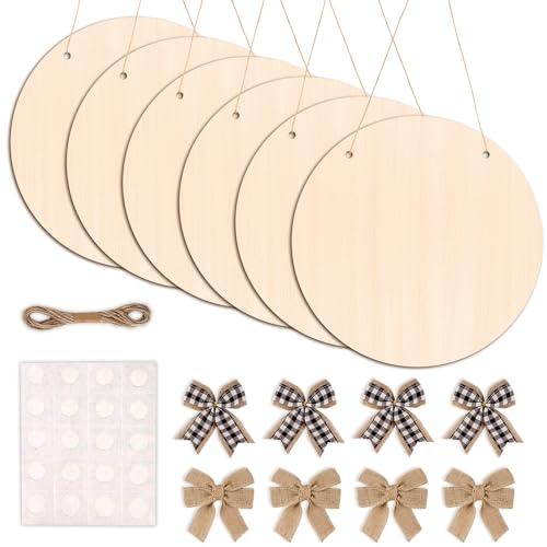 DIYDEC 6 Pack Wood Circles for Crafts 14 Inch Unfinished Wood Slices Blank Wooden Door Hanger Sign Round Wood Discs with Bows Twine Glue Point for