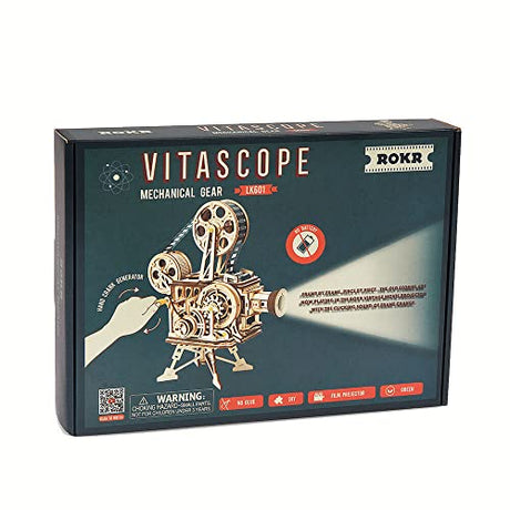 Robotime Vitascope Mechanical Wood Kit | Assemble a Wooden Vintage Movie Projector | Includes 183 Pieces to Create a Working Reel | Turn Hand Crank ROBOTIME