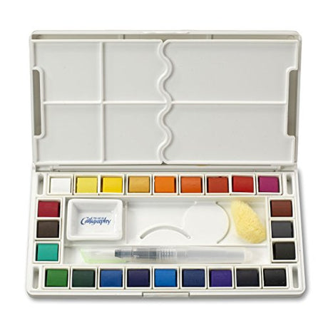 Jerry Q Art 24 Assorted Water Colors Travel Pocket Set- Quality Refillable Water Brush with Sponge - Easy to Blend Colors - Built in Palette - Jerry Q Art