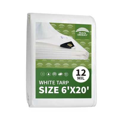 RAINDEWAY 12 Mil Heavy Duty White Tarp 6x20 Feet, UV Resistant, Waterproof, Weatherproof Poly Tarp with Metal Grommets and Reinforced Edges