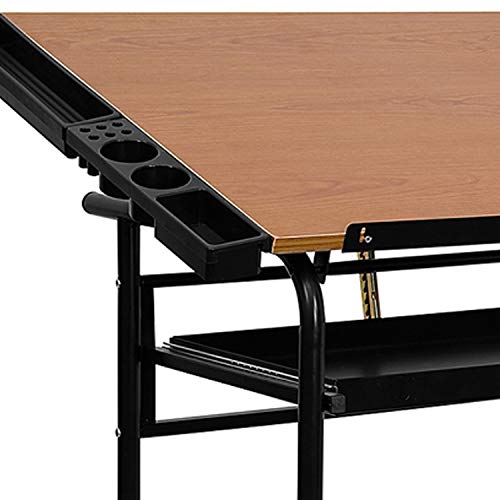 Flash Furniture Swanson Adjustable Drawing and Drafting Table with Black Frame and Dual Wheel Casters, Cherry