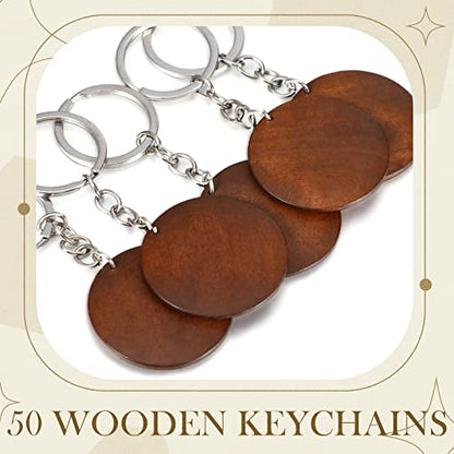 50 Pieces Wood Engraving Blanks Round Shaped Wooden Keychain Set Wood Blanks Unfinished Discs Wood Circles with Key Rings Key Tags Keychain Supplies