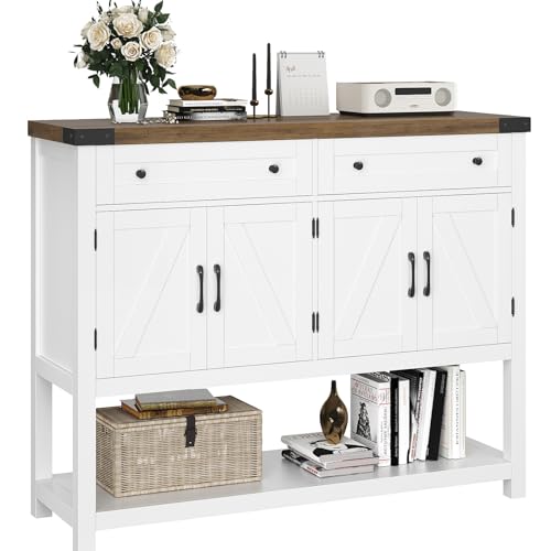 HOSTACK Buffet Sideboard Cabinet with Storage, 47.2" Modern Farmhouse Coffee Bar with 2 Drawers, Barn Doors Console Table with Shelf for Kitchen, - WoodArtSupply