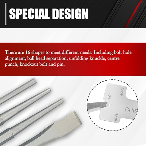 C&T 16-Piece Punch and Chisel Set with Storage Pouch, Including Taper Punch, Cold Chisels, Pin Punch, Center Punch, Chrome Vanadium Steel C&T