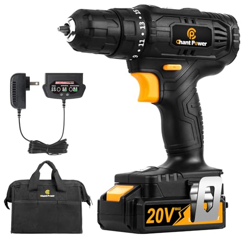C P CHANTPOWER Cordless Drill Set, 20V Max Lithium-Ion Battery Powered Drill Driver Kit with 2 Variable Speeds, 16+1 Torque Setting, Tool Bag,