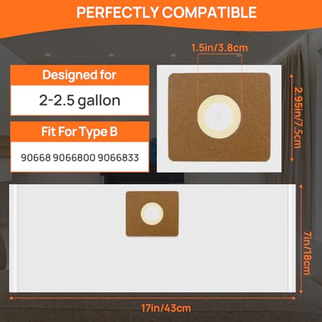 5 Pack Vacuum Bags Replacement for Shop Vac Bags 2-2.5 Gallon Type B 90668 9066800 9066833, All Around EZ QAM70 and CMXZVBE38774, High-Efficiency PETOX