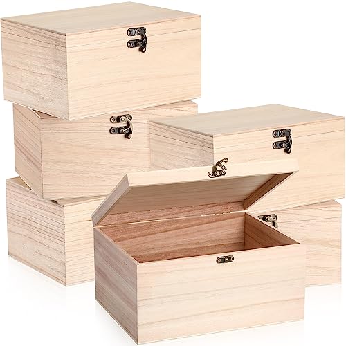 6 Pcs Large Unfinished Wooden Box with Hinged Lid and Front Clasp, Rectangle Unpainted Crafts DIY Wood Boxes Treasure Chest Stash Box for Art Gifts Yookeer
