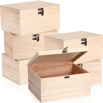 6 Pcs Large Unfinished Wooden Box with Hinged Lid and Front Clasp, Rectangle Unpainted Crafts DIY Wood Boxes Treasure Chest Stash Box for Art Gifts