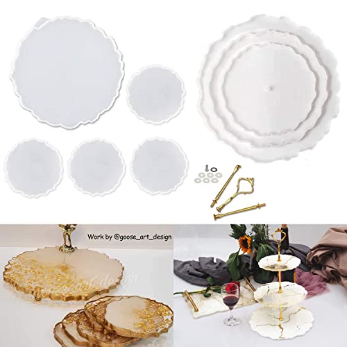 ResinWorld 3 Tier Resin Mold, Cake Stand Molds for Resin + 1 Pcs Large Resin Tray Mold + 4 Pack Geode Agate Coaster Molds