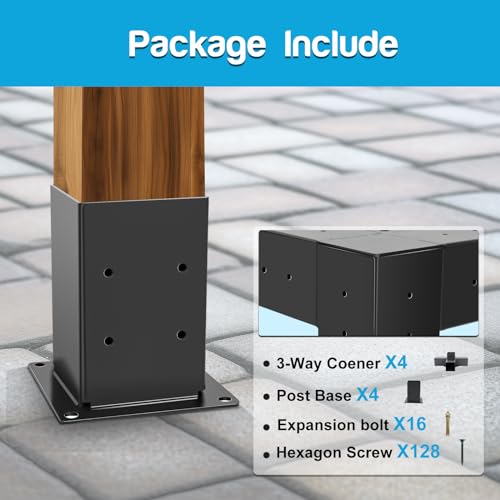 Aikosin Gazebo Brackets Kit,Pergola Brackets Kit 4x4(Actual: 3.5x3.5'') 3-Way Right Angle Corner Bracket with Pergola Post Base,Patio Pergolas, Log Aikosin