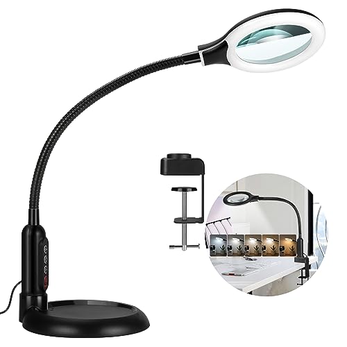 TOMSOO 5X Magnifying Glass with Light and Clamp, 5 Color Modes Stepless Dimmable Lighted Magnifier with Stand, Flexible Gooseneck LED Desk Lamp Hands TOMSOO