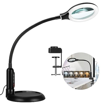 TOMSOO 5X Magnifying Glass with Light and Clamp, 5 Color Modes Stepless Dimmable Lighted Magnifier with Stand, Flexible Gooseneck LED Desk Lamp Hands