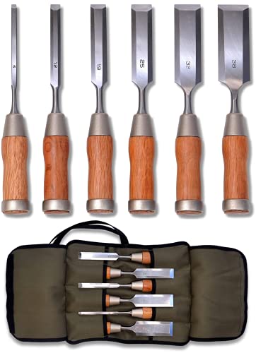KAKURI Japanese Wood Chisel Set 6 Pcs, Japanese & Western Mixed Style, Made in JAPAN, Professional Heavy Duty Chisels NOMI with Carrying Case for KAKURI