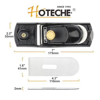 Hoteche 7-Inch Block Plane - Fully Adjustable 1-5/8-Inch Alloy Steel Blade, Fine Finished Bottom, and Sides, Precision Casting for Smooth Surfaces - WoodArtSupply