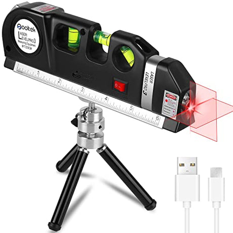 Laser Level line tool, Qooltek Multipurpose Cross Line Laser Adjusted Standard and Metric Rulers for hanging picture with Metal Tripod Stand and Qooltek