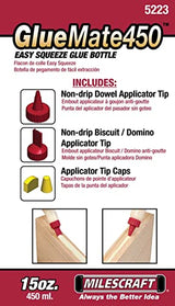 Milescraft 5223 Glue Mate 450-15oz. (450ml) Precision Wood Glue Bottle - Anti-Drip - Dowel and Biscuit Tips Included - Easy Flow Multi-Chamber Design Milescraft