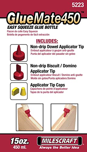 Milescraft 5223 Glue Mate 450-15oz. (450ml) Precision Wood Glue Bottle - Anti-Drip - Dowel and Biscuit Tips Included - Easy Flow Multi-Chamber Design - WoodArtSupply