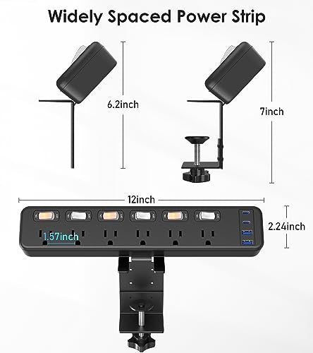 JUNNUJ Clamp Power Strip Standing Desk with 30W USB C, 2 in 1 Clip Desktop Surge Protector Edge Mount Outlet with 6 Individual Switches, Fit 2.6 inch JUNNUJ