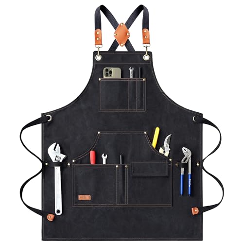 AFUN Work Aprons for Men with Large Pockets, Cotton Canvas Cross Back Heavy Duty Adjustable Tool Apron, Size M to XXL (Black) AFUN