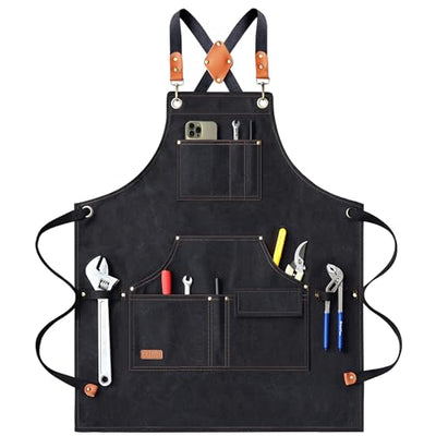 AFUN Work Aprons for Men with Large Pockets, Cotton Canvas Cross Back Heavy Duty Adjustable Tool Apron, Size M to XXL (Black)