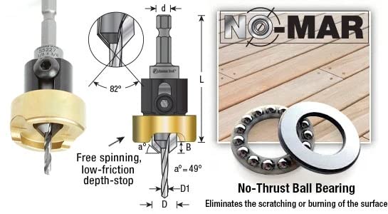 Amana Tool 55227 Carbide Tipped 82 Degree Countersink Set with Adjustable Drill Bit Depth Stop and No-Thrust Ball Bearing 3/8 Dia x 1/8 Drill Dia x Amana Tool