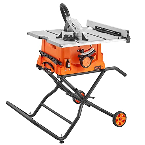 VEVOR Table Saw with Stand, 10-inch 15-Amp, 25-in Max Rip Capacity, Cutting Speed up to 5000RPM, 40T Blade, Portable Compact Jobsite Tablesaw with VEVOR