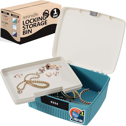 SereneLife Lockable Storage Container Bin, 1 Gallon Capacity Heavy Duty Storage Box with Combination Lock, Blue SereneLife
