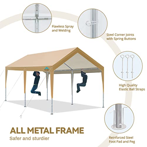 ADVANCE OUTDOOR 10x20 ft Steel Carport with Adjustable Height from 9.5 to 11 ft, Heavy Duty Car Canopy Garage Party Tent Boat Shelter Portable, Beige - WoodArtSupply