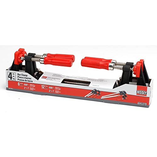 Bessey BESSEY GSCC4PK-C Clamp Set for Woodworking, F-style with Wood Handle, Replaceable Pads, 2 x 6 In and 2 x 12 In, 600 lb, Red/Black/Silver Bessey