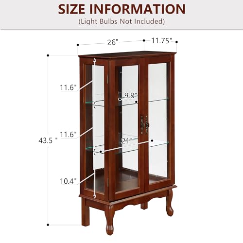 Dolonm Curio Cabinet with Tempered Glass Doors, Curio Cabinets with Mirrored Back Panel and Adjustable Shelves, Lighted Display Cabinet for Home,